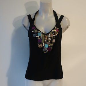 Womens Nanette Lepore 100% Silk Black Beaded Halter Tank Top 6 *